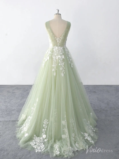 Whimsical Sage Green Wedding Dress with Floral Lace Appliques, Illusion V-Neck, and Soft Tulle Skirt – FW220-wedding dresses 2025 -Viniodress-Sage-Custom Size-