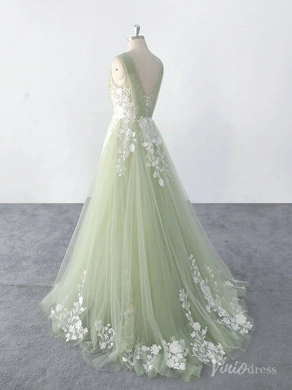 Whimsical Sage Green Wedding Dress with Floral Lace Appliques, Illusion V-Neck, and Soft Tulle Skirt – FW220-wedding dresses 2025 -Viniodress-Sage-Custom Size-