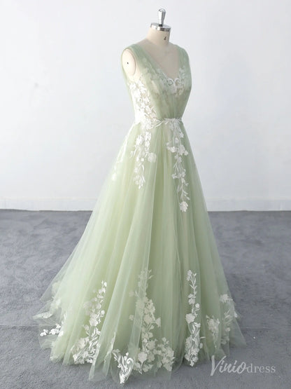 Whimsical Sage Green Wedding Dress with Floral Lace Appliques, Illusion V-Neck, and Soft Tulle Skirt – FW220-wedding dresses 2025 -Viniodress-Sage-Custom Size-