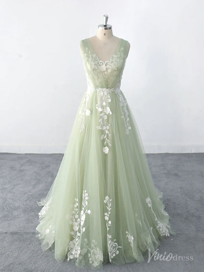 Whimsical Sage Green Wedding Dress with Floral Lace Appliques, Illusion V-Neck, and Soft Tulle Skirt – FW220-wedding dresses 2025 -Viniodress-Sage-Custom Size-