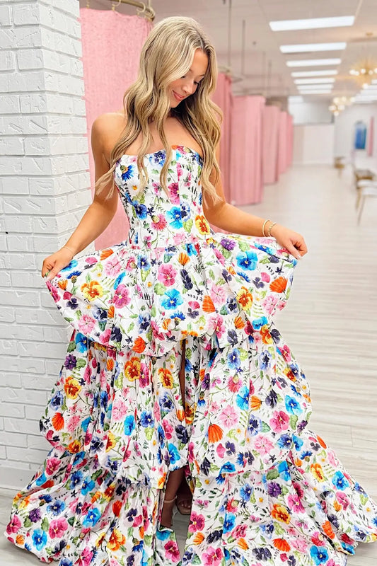 Whimsical Strapless Watercolor Floral Prom Dress with Tiered Ruffle Skirt & Slit – RF204-prom dresses 2026-Viniodress-As Picture-Custom Size-