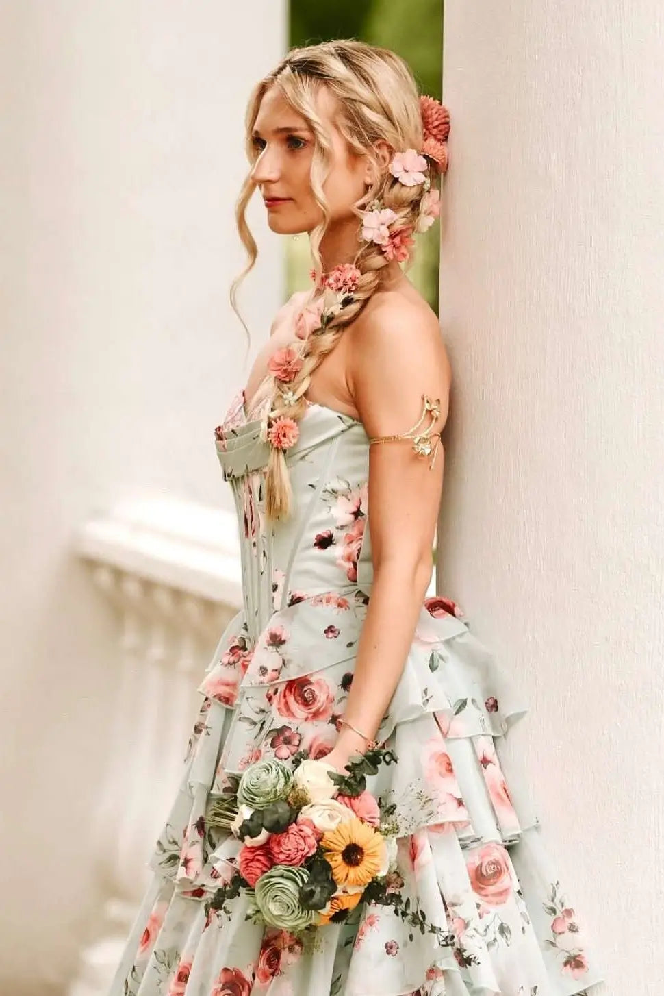 Turquoise Floral Corset Prom Dress with Tiered Ruffle Skirt – RF137 – Viniodress Turquoise Floral Corset Prom Dress with Tiered Ruffle Skirt – RF137 – Viniodress