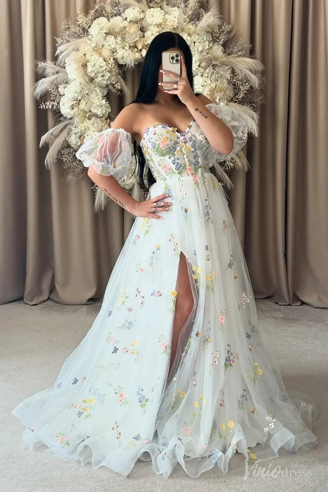 Whimsical Wildflower Embroidered Wedding Dress with Removable Sleeves & Slit FW206-wedding dresses 2025 -Viniodress-Ivory-Custom Size-