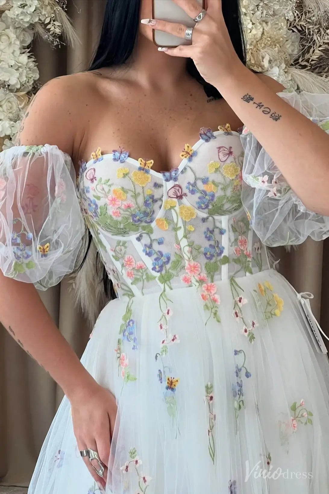 Whimsical Wildflower Embroidered Wedding Dress with Removable Sleeves & Slit FW206-wedding dresses 2025 -Viniodress-Ivory-Custom Size-
