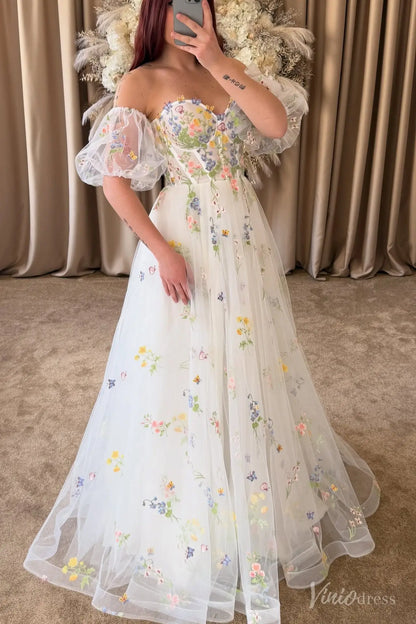 Whimsical Wildflower Embroidered Wedding Dress with Removable Sleeves & Slit FW206-wedding dresses 2025 -Viniodress-Ivory-Custom Size-