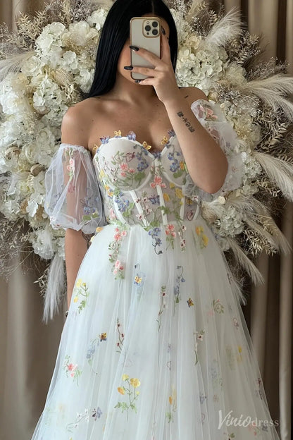 Whimsical Wildflower Embroidered Wedding Dress with Removable Sleeves & Slit FW206-wedding dresses 2025 -Viniodress-Ivory-Custom Size-