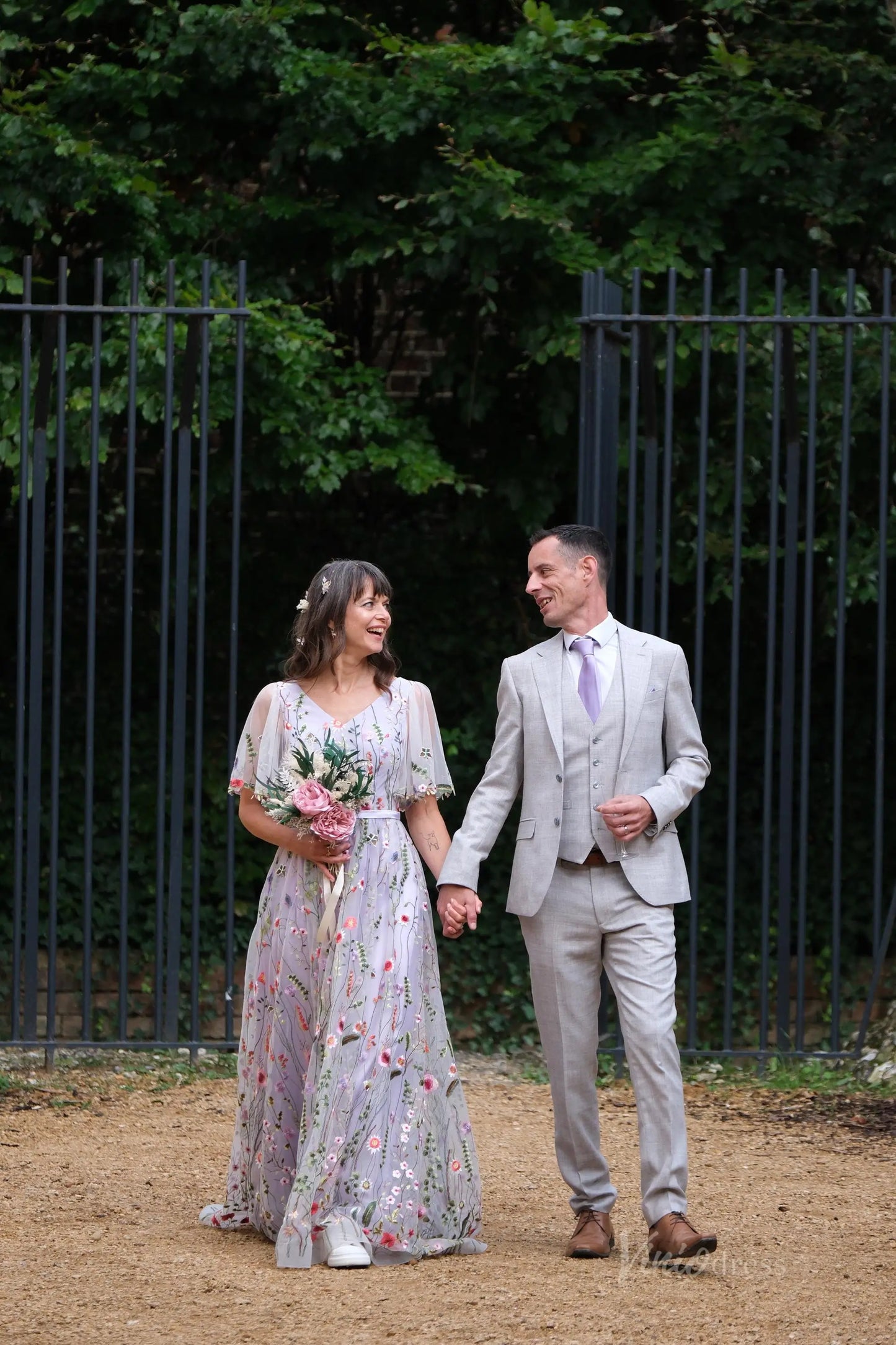 Whimsical Wildflower Wedding Dress | V-Neck Backless Gown with Elbow Sleeves, Ribbon Sash FW110-wedding dresses 2025 -Viniodress-Lavender-Custom Size-