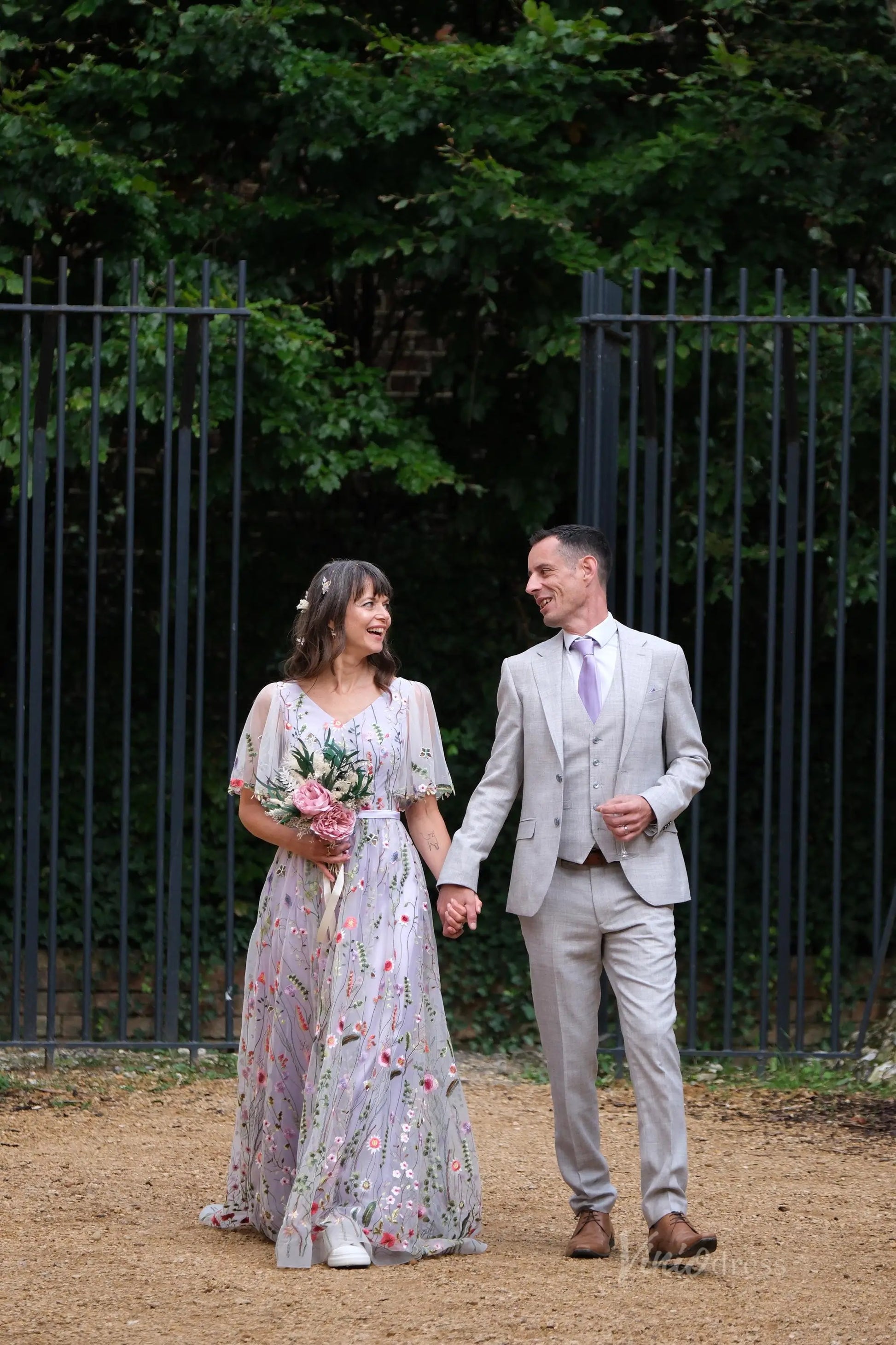 Whimsical Wildflower Wedding Dress | V-Neck Backless Gown with Elbow Sleeves, Ribbon Sash FW110-wedding dresses 2025 -Viniodress-Lavender-Custom Size-