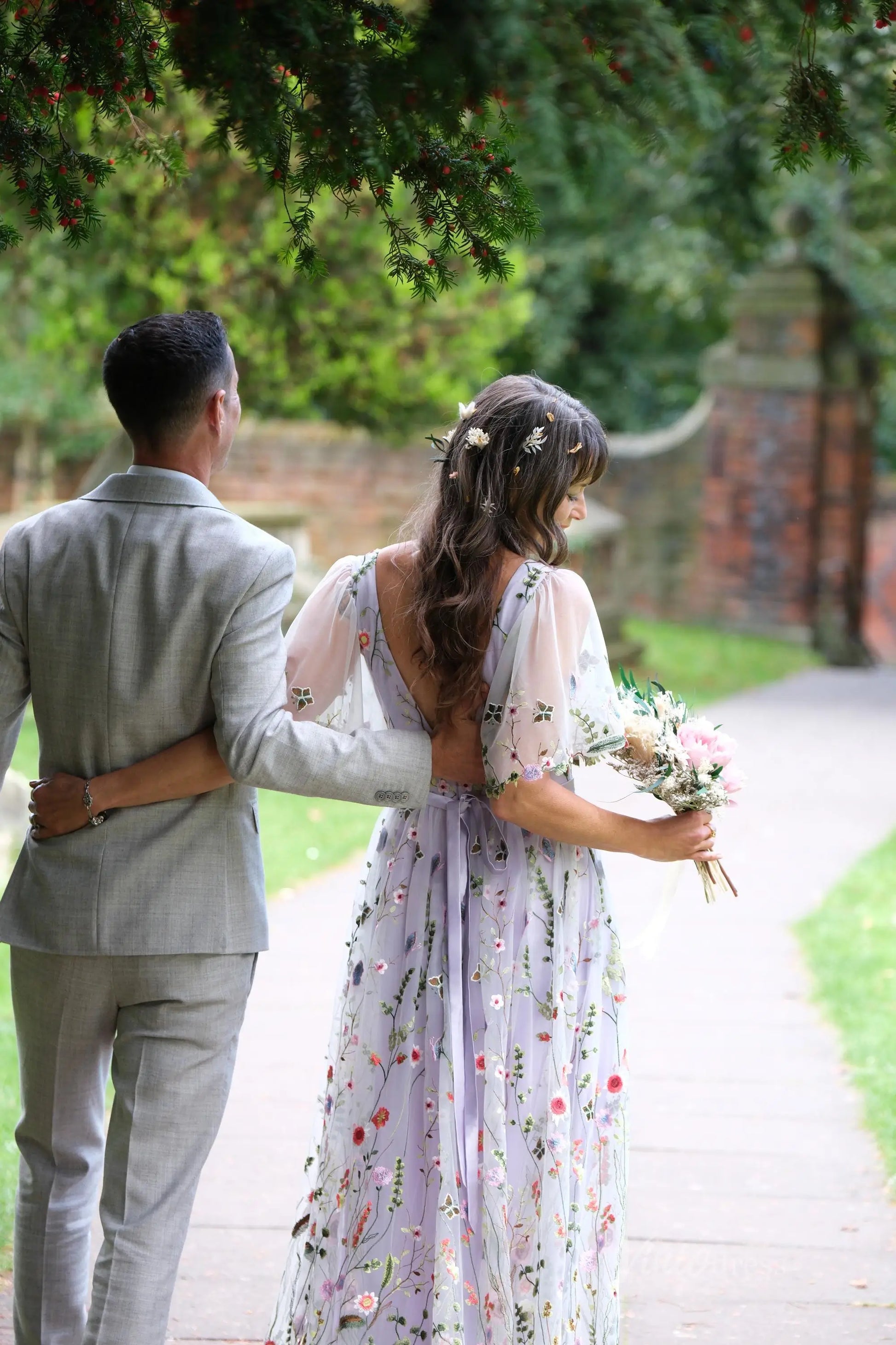 Whimsical Wildflower Wedding Dress | V-Neck Backless Gown with Elbow Sleeves, Ribbon Sash FW110-wedding dresses 2025 -Viniodress-Lavender-Custom Size-
