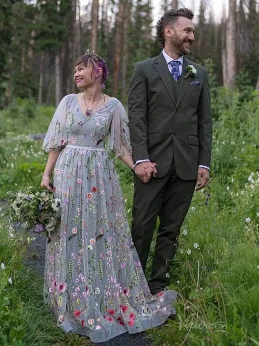 Whimsical Wildflower Wedding Dress | V-Neck Backless Gown with Elbow Sleeves, Ribbon Sash FW110-wedding dresses 2025 -Viniodress-Lavender-Custom Size-