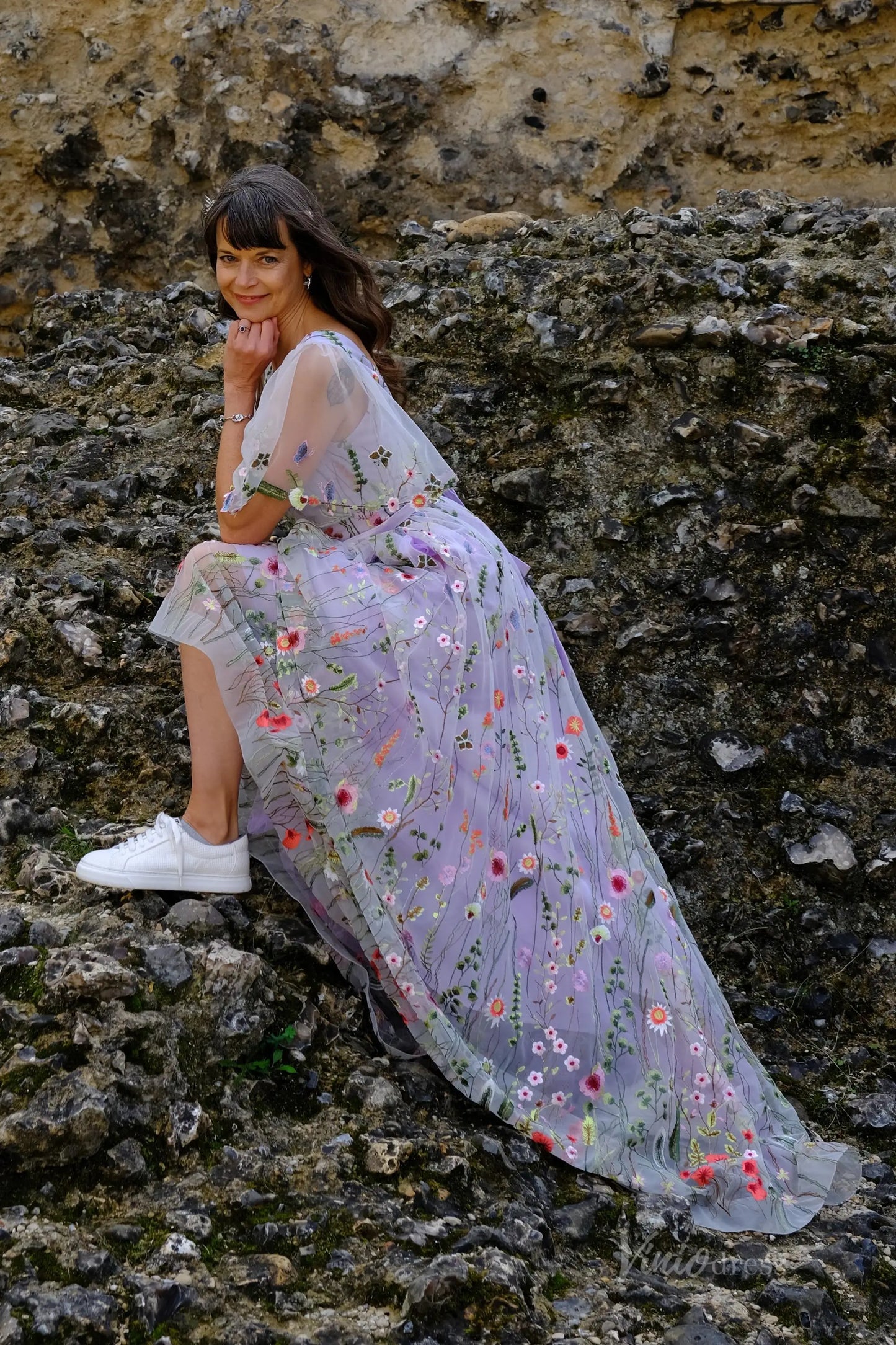 Whimsical Wildflower Wedding Dress | V-Neck Backless Gown with Elbow Sleeves, Ribbon Sash FW110-wedding dresses 2025 -Viniodress-Lavender-Custom Size-