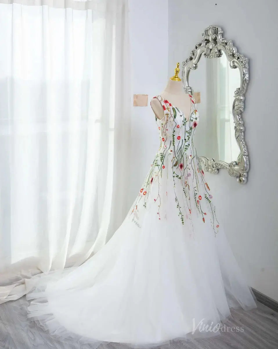 Whimsical Wildflower Wedding Dress | White Tulle V-Neck Gown Backless FW108-wedding dresses 2025 -Viniodress-White-Custom Size-