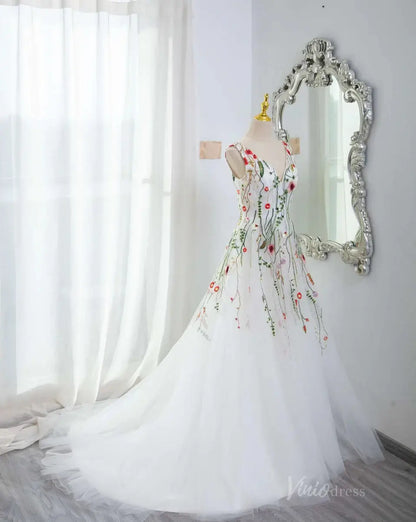 Whimsical Wildflower Wedding Dress | White Tulle V-Neck Gown Backless FW108-wedding dresses 2025 -Viniodress-White-Custom Size-