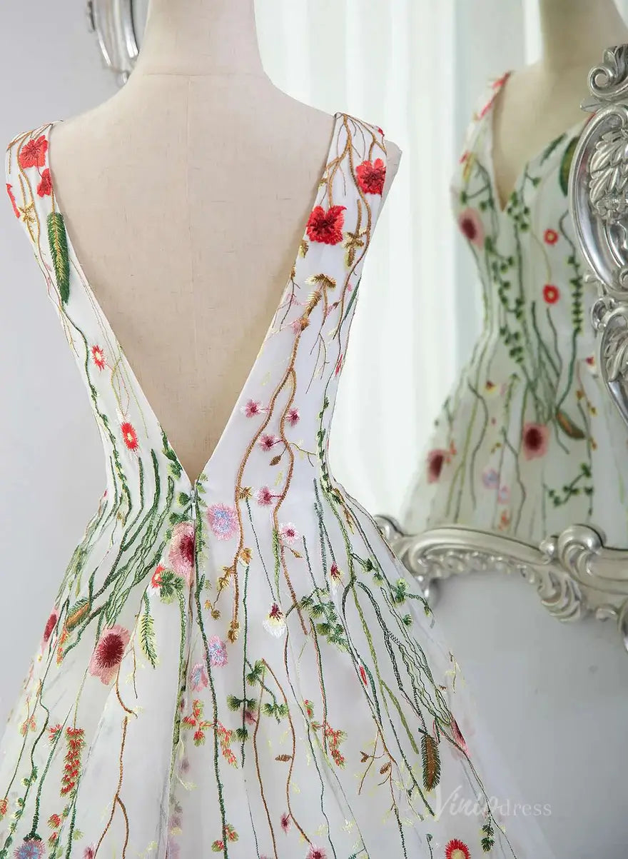 Whimsical Wildflower Wedding Dress | White Tulle V-Neck Gown Backless FW108-wedding dresses 2025 -Viniodress-White-Custom Size-