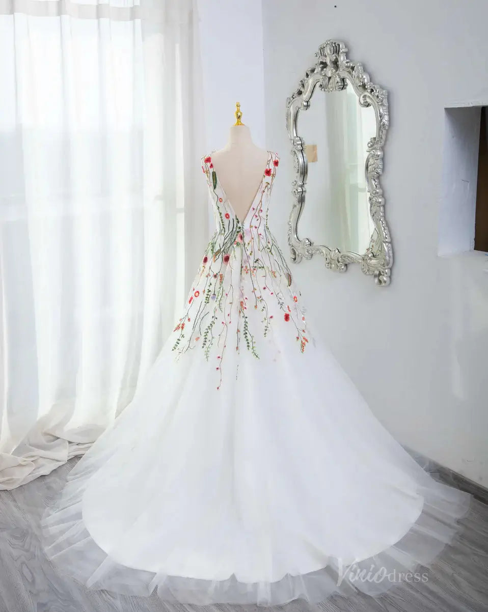 Whimsical Wildflower Wedding Dress | White Tulle V-Neck Gown Backless FW108-wedding dresses 2025 -Viniodress-White-Custom Size-