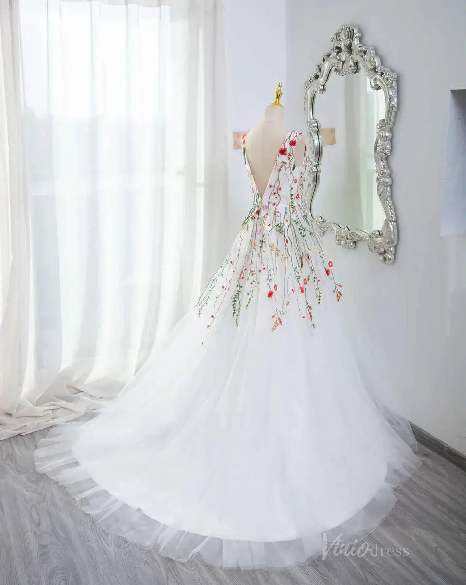 Whimsical Wildflower Wedding Dress | White Tulle V-Neck Gown Backless FW108-wedding dresses 2025 -Viniodress-White-Custom Size-