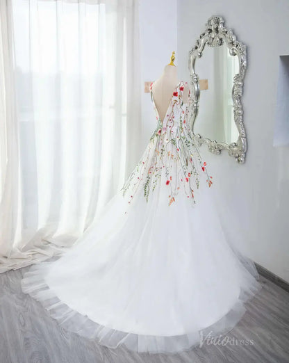 Whimsical Wildflower Wedding Dress | White Tulle V-Neck Gown Backless FW108-wedding dresses 2025 -Viniodress-White-Custom Size-