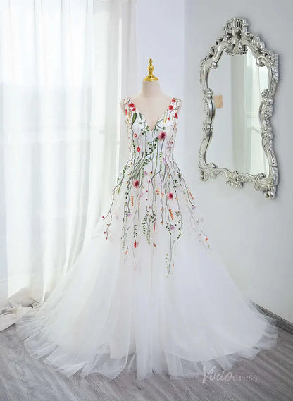 Whimsical Wildflower Wedding Dress | White Tulle V-Neck Gown Backless FW108-wedding dresses 2025 -Viniodress-White-Custom Size-