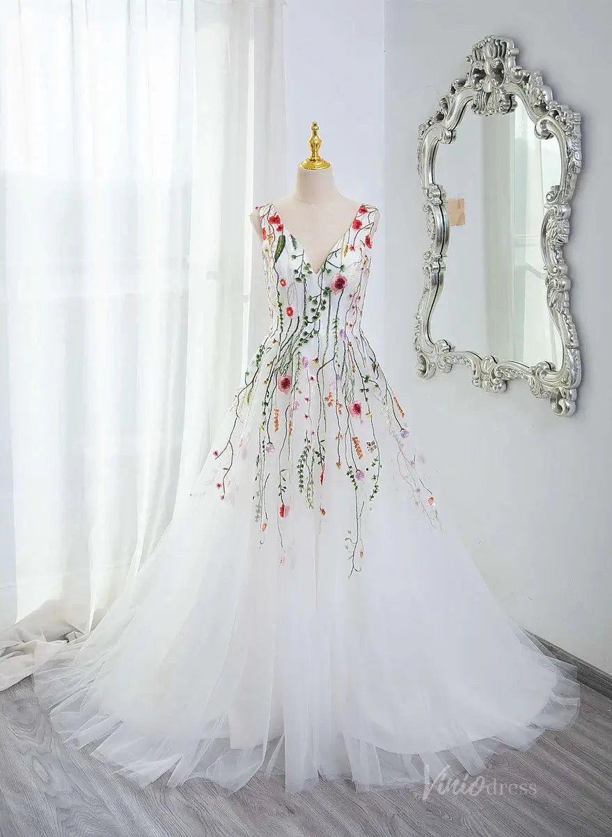 Whimsical Wildflower Wedding Dress | White Tulle V-Neck Gown Backless FW108-wedding dresses 2025 -Viniodress-White-Custom Size-
