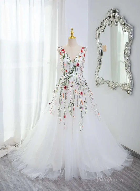 Whimsical Wildflower Wedding Dress | White Tulle V-Neck Gown Backless FW108-wedding dresses 2025 -Viniodress-White-Custom Size-