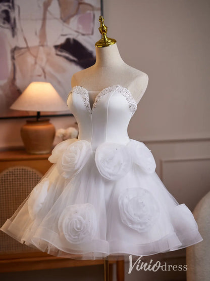 White 3D Rosette Strapless Homecoming Dress with Pearl Beaded Sweetheart Corset - BJ113-Homecoming Dresses 2026-Viniodress-White-US 0-