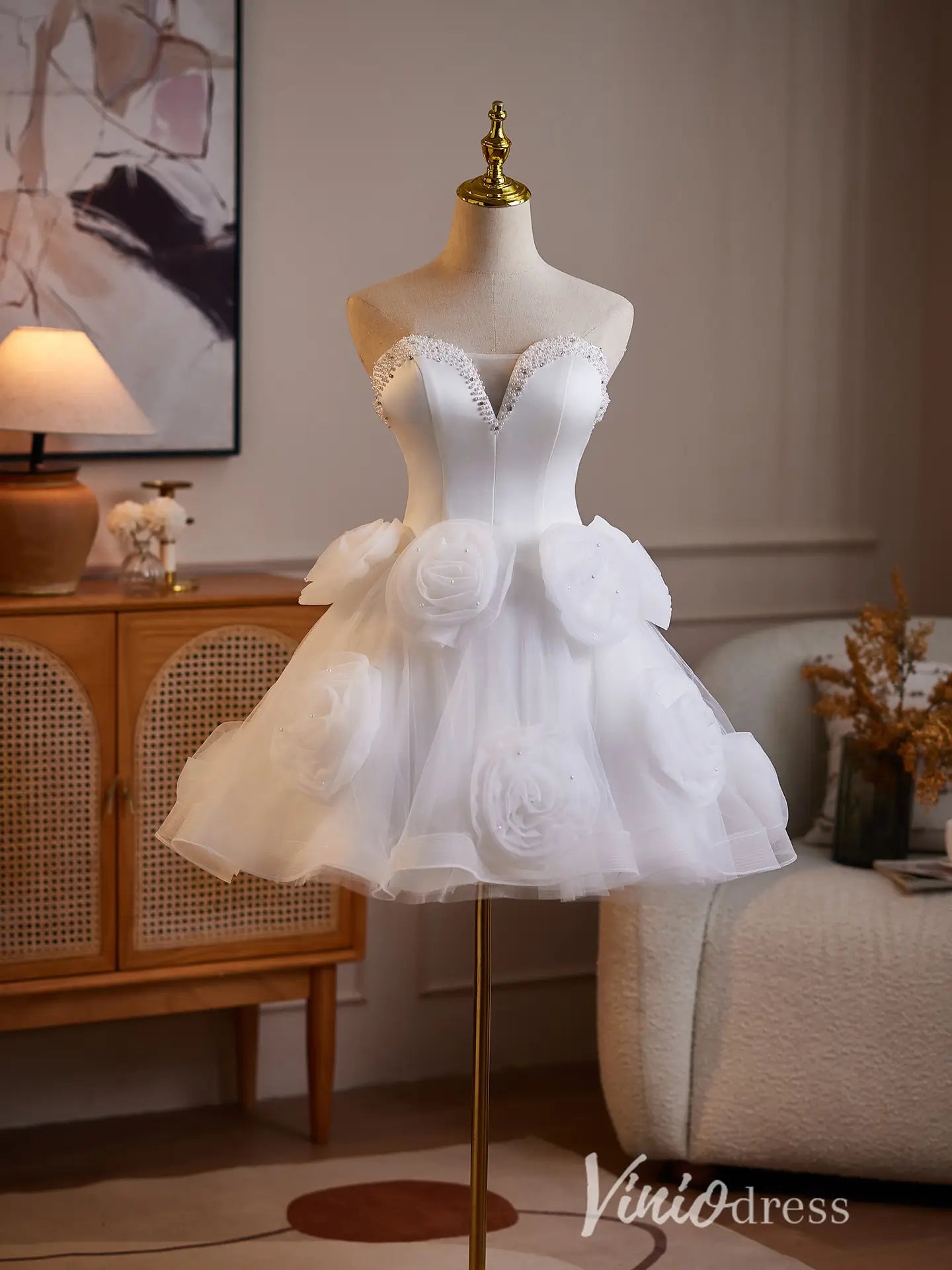 White 3D Rosette Strapless Homecoming Dress with Pearl Beaded Sweetheart Corset - BJ113-Homecoming Dresses 2026-Viniodress-White-US 0-