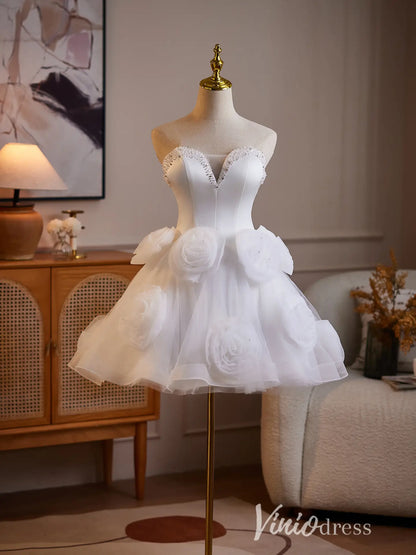 White 3D Rosette Strapless Homecoming Dress with Pearl Beaded Sweetheart Corset - BJ113-Homecoming Dresses 2026-Viniodress-White-US 0-