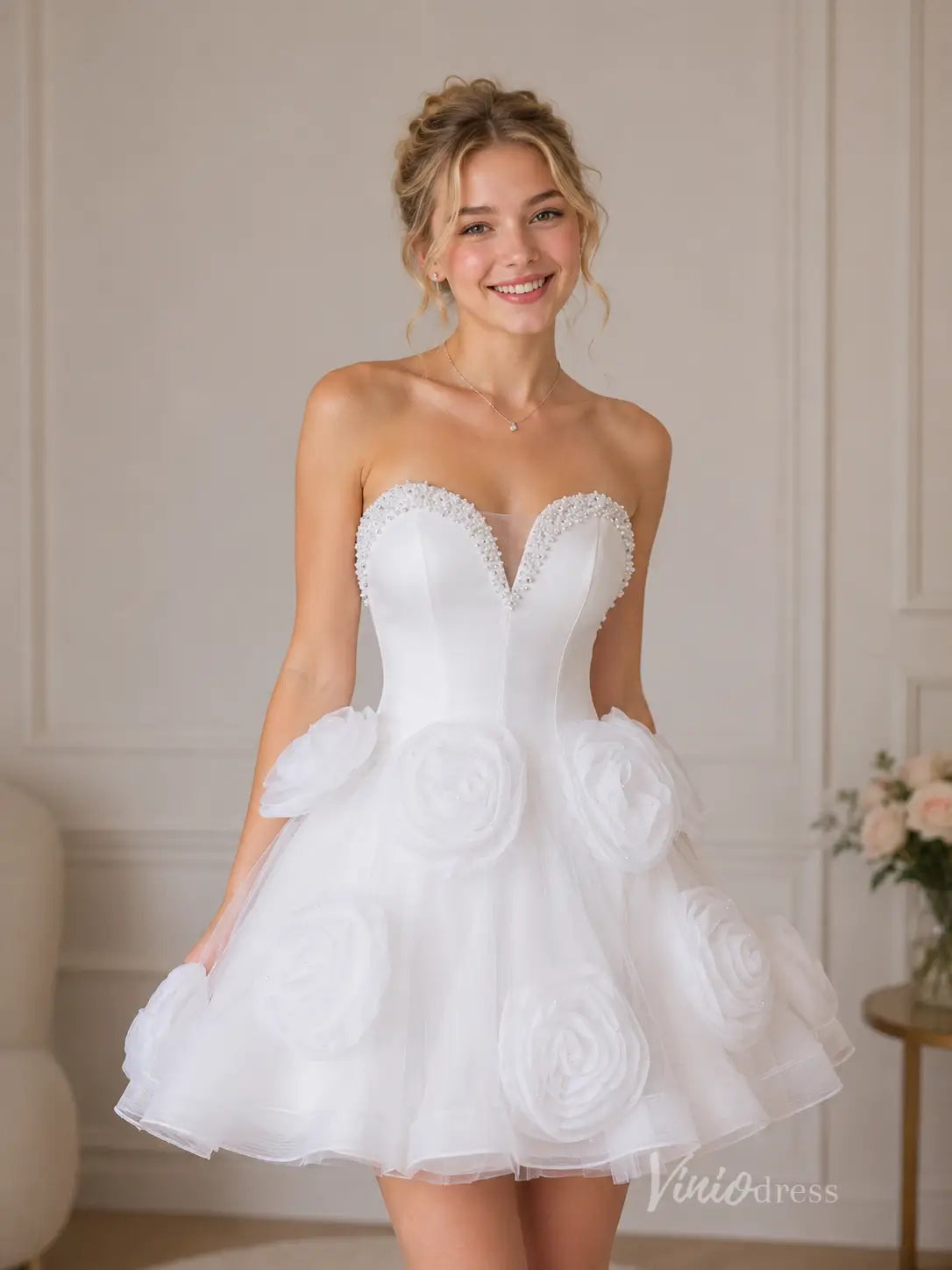 White 3D Rosette Strapless Homecoming Dress with Pearl Beaded Sweetheart Corset - BJ113-Homecoming Dresses 2026-Viniodress-White-US 0-
