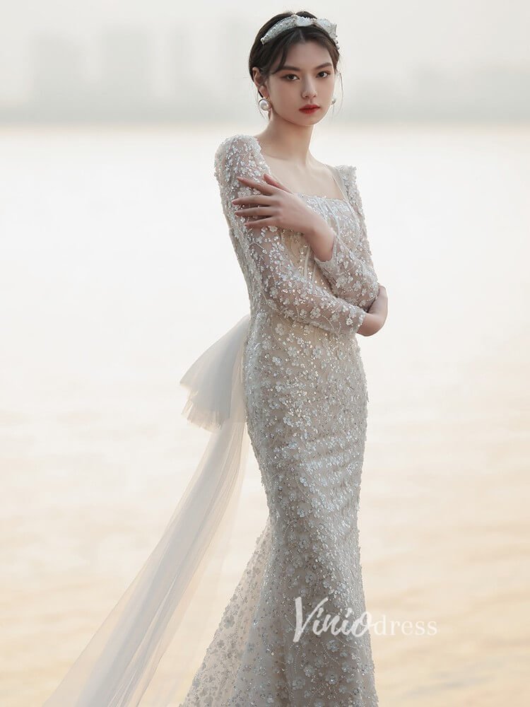 White Beaded Mermaid Wedding Dresses Long Sleeve Bridal Dress VW2194B - Viniodresswedding dressesWhiteCustom Size - Formal Dresses - Ball Gowns