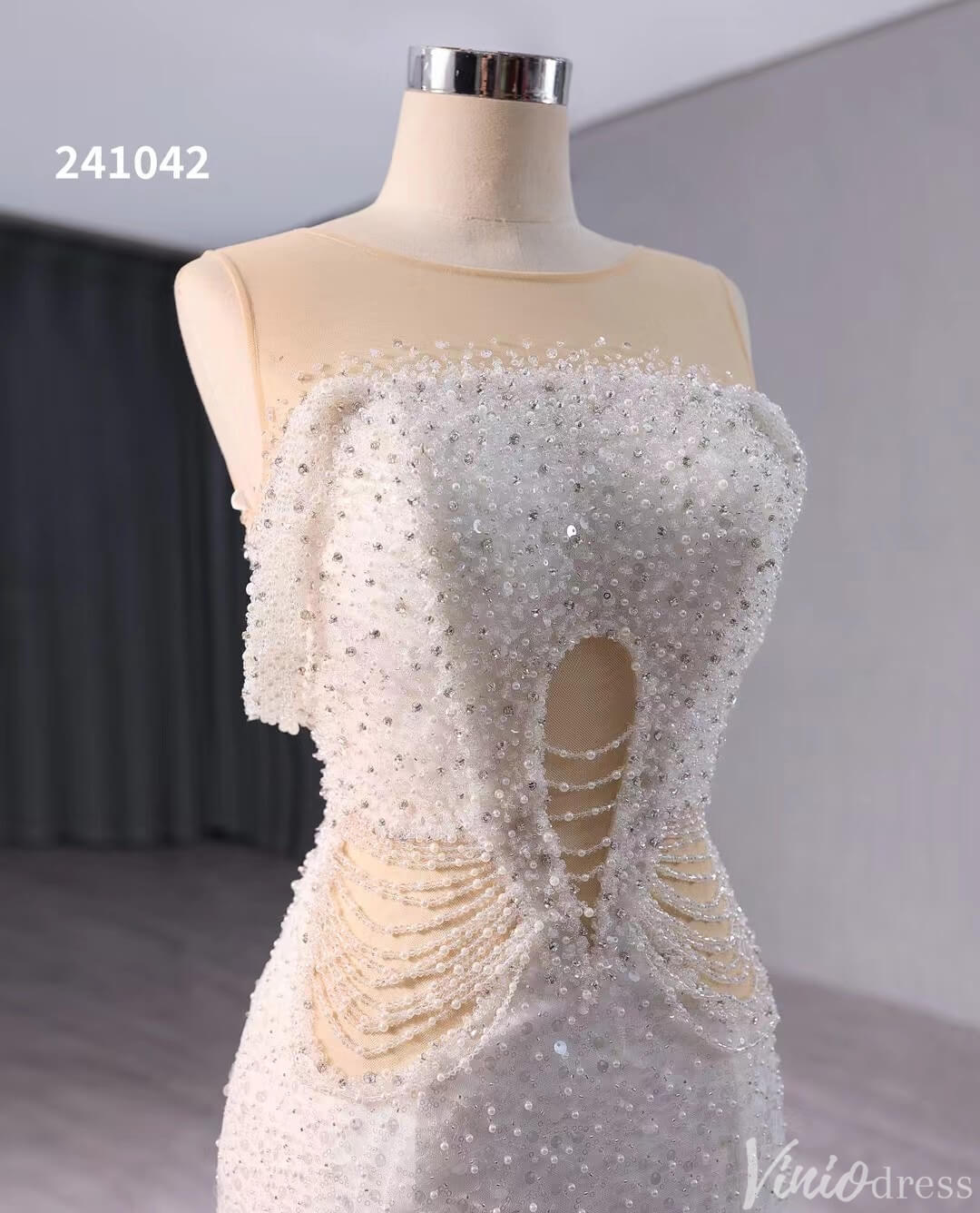 White Beaded Pearl Mermaid Wedding Gown Boat Neck Bridal Dress 241042-Evening Dresses 2025 -Viniodress-Ivory-Custom Size-