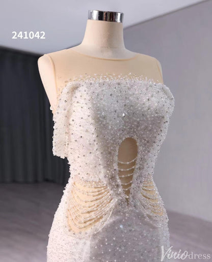 White Beaded Pearl Mermaid Wedding Gown Boat Neck Bridal Dress 241042-Evening Dresses 2025 -Viniodress-Ivory-Custom Size-