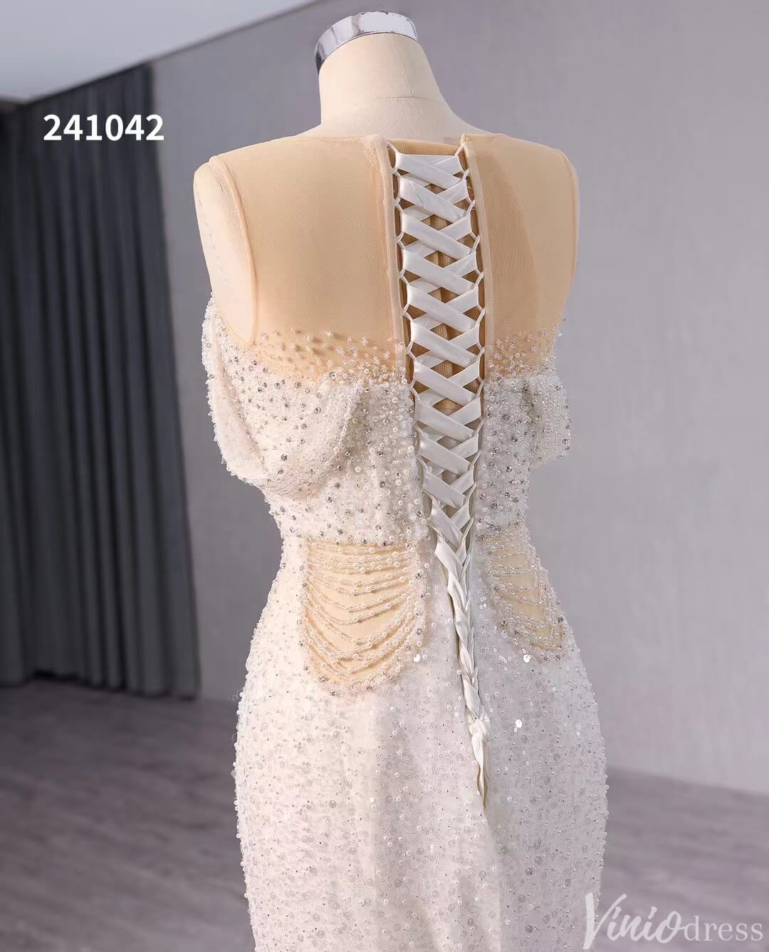 White Beaded Pearl Mermaid Wedding Gown Boat Neck Bridal Dress 241042-Evening Dresses 2025 -Viniodress-Ivory-Custom Size-