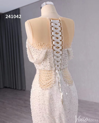 White Beaded Pearl Mermaid Wedding Gown Boat Neck Bridal Dress 241042-Evening Dresses 2025 -Viniodress-Ivory-Custom Size-
