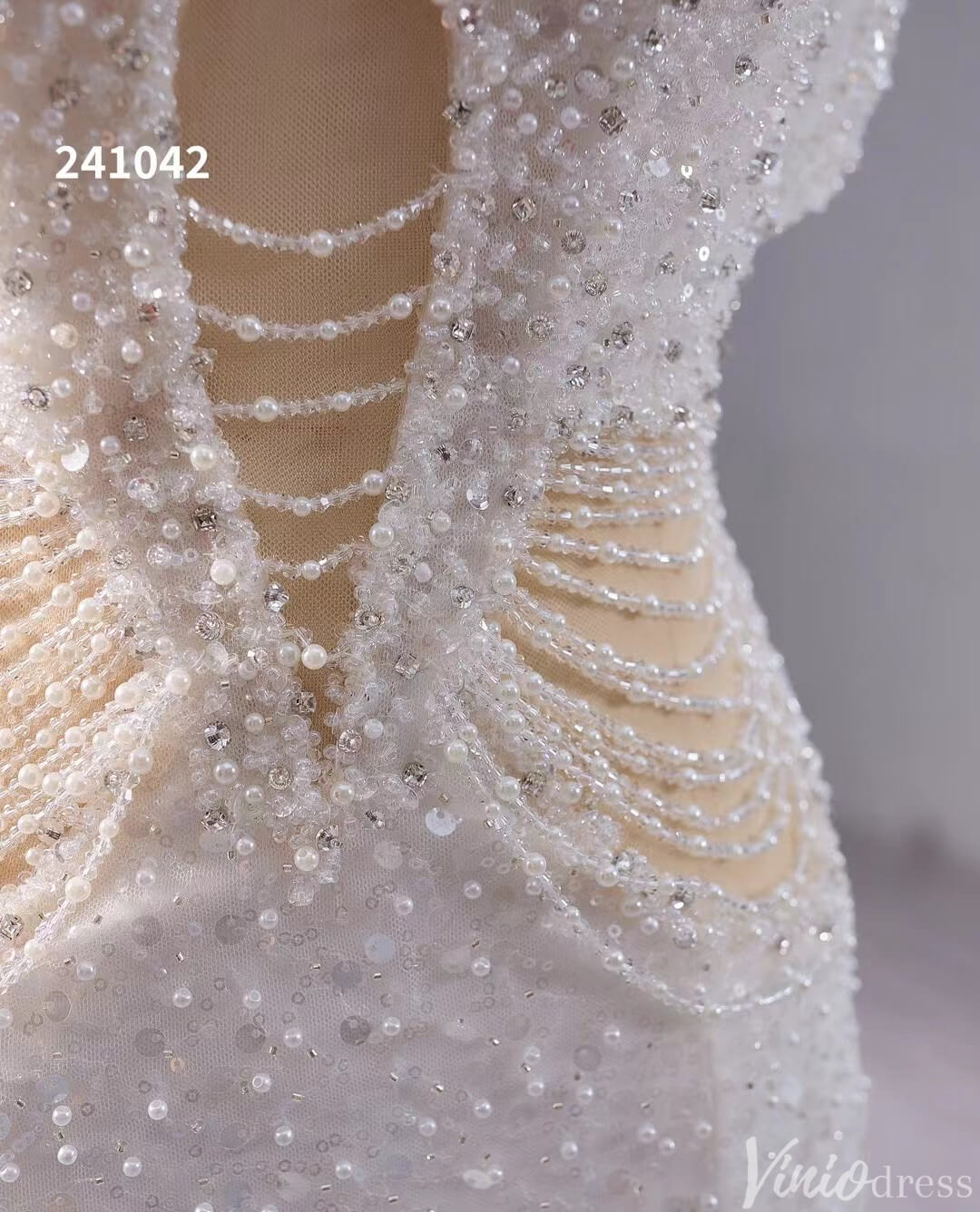 White Beaded Pearl Mermaid Wedding Gown Boat Neck Bridal Dress 241042-Evening Dresses 2025 -Viniodress-Ivory-Custom Size-
