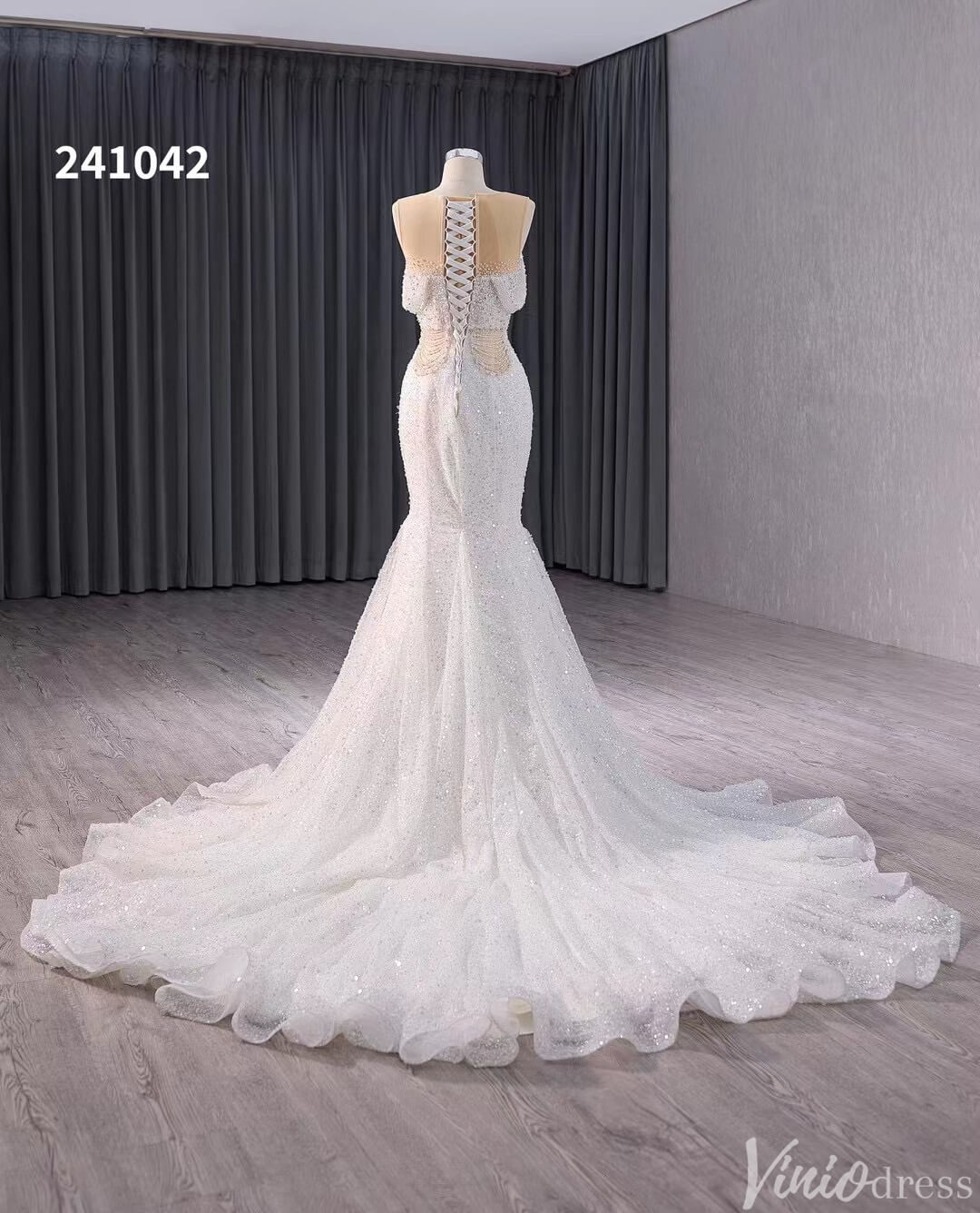 White Beaded Pearl Mermaid Wedding Gown Boat Neck Bridal Dress 241042-Evening Dresses 2025 -Viniodress-Ivory-Custom Size-