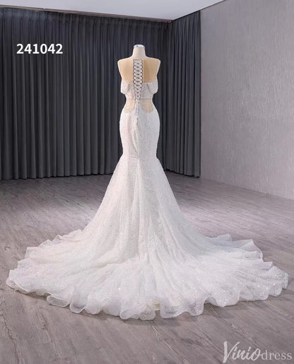 White Beaded Pearl Mermaid Wedding Gown Boat Neck Bridal Dress 241042-Evening Dresses 2025 -Viniodress-Ivory-Custom Size-