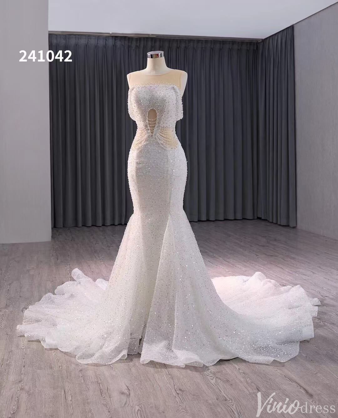White Beaded Pearl Mermaid Wedding Gown Boat Neck Bridal Dress 241042-Evening Dresses 2025 -Viniodress-Ivory-Custom Size-