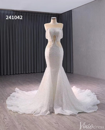 White Beaded Pearl Mermaid Wedding Gown Boat Neck Bridal Dress 241042-Evening Dresses 2025 -Viniodress-Ivory-Custom Size-
