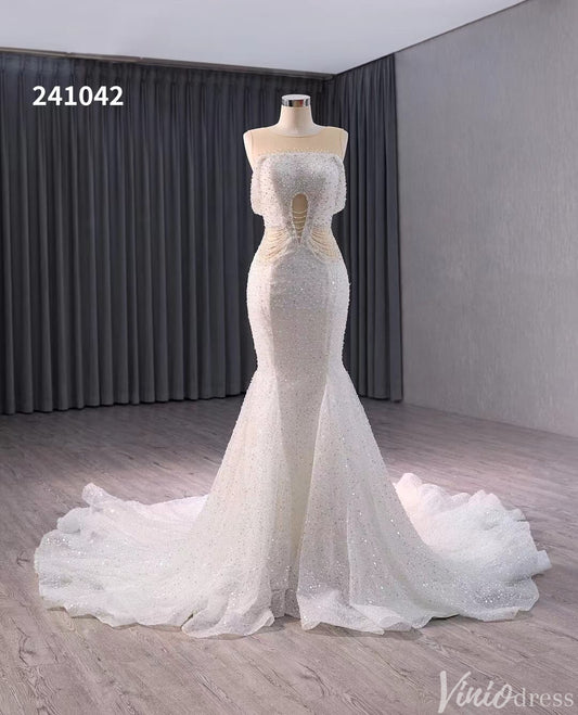 White Beaded Pearl Mermaid Wedding Gown Boat Neck Bridal Dress 241042-Evening Dresses 2025 -Viniodress-Ivory-Custom Size-