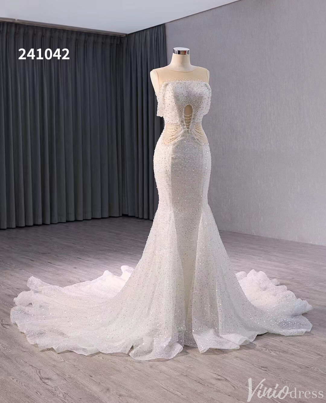 White Beaded Pearl Mermaid Wedding Gown Boat Neck Bridal Dress 241042-wedding dresses-Viniodress-Viniodress