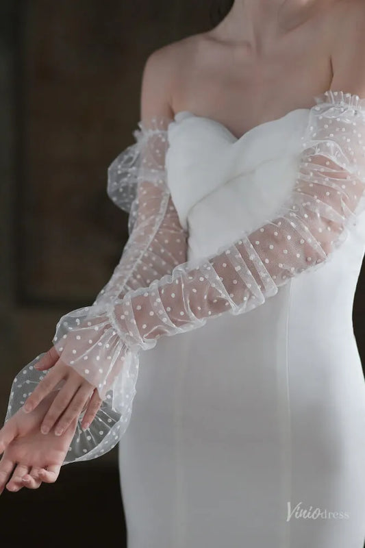 White Dotted Sheer Wedding Gloves for Women, Fingerless Long Tulle Bridal Gloves WG053-Bridal Gloves 2026-Viniodress-Ivory-