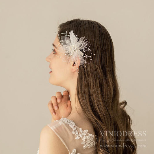 White Feather Flower Hair Clip AC1229-Headpieces 2025 -Viniodress-As Picture-