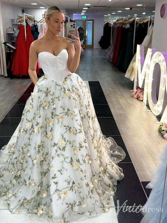 White Floral Embroidered Wedding Dress with Strapless Satin Bodice, Tulle Skirt, Pockets – FW203-wedding dresses 2025 -Viniodress-Yellow-Custom Size-