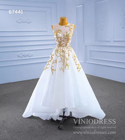 White High Low Prom Gown Gold Beaded Pageant Dress 67441-prom dresses 2025 -Viniodress-White-Custom Size-