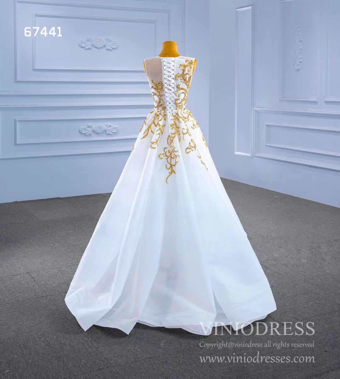 White High Low Prom Gown Gold Beaded Pageant Dress 67441 Viniodress White High Low Prom Gown Gold Beaded Pageant Dress 67441 Viniodress