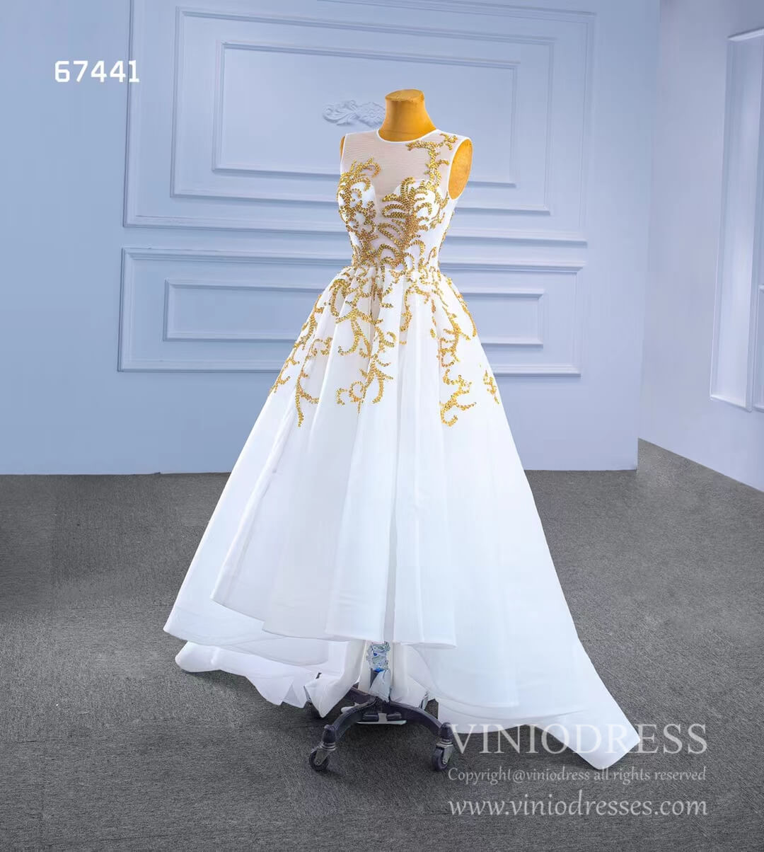white dress with gold accents White High Low Prom Gown Gold Beaded Pageant Dress 67441 – Viniodress