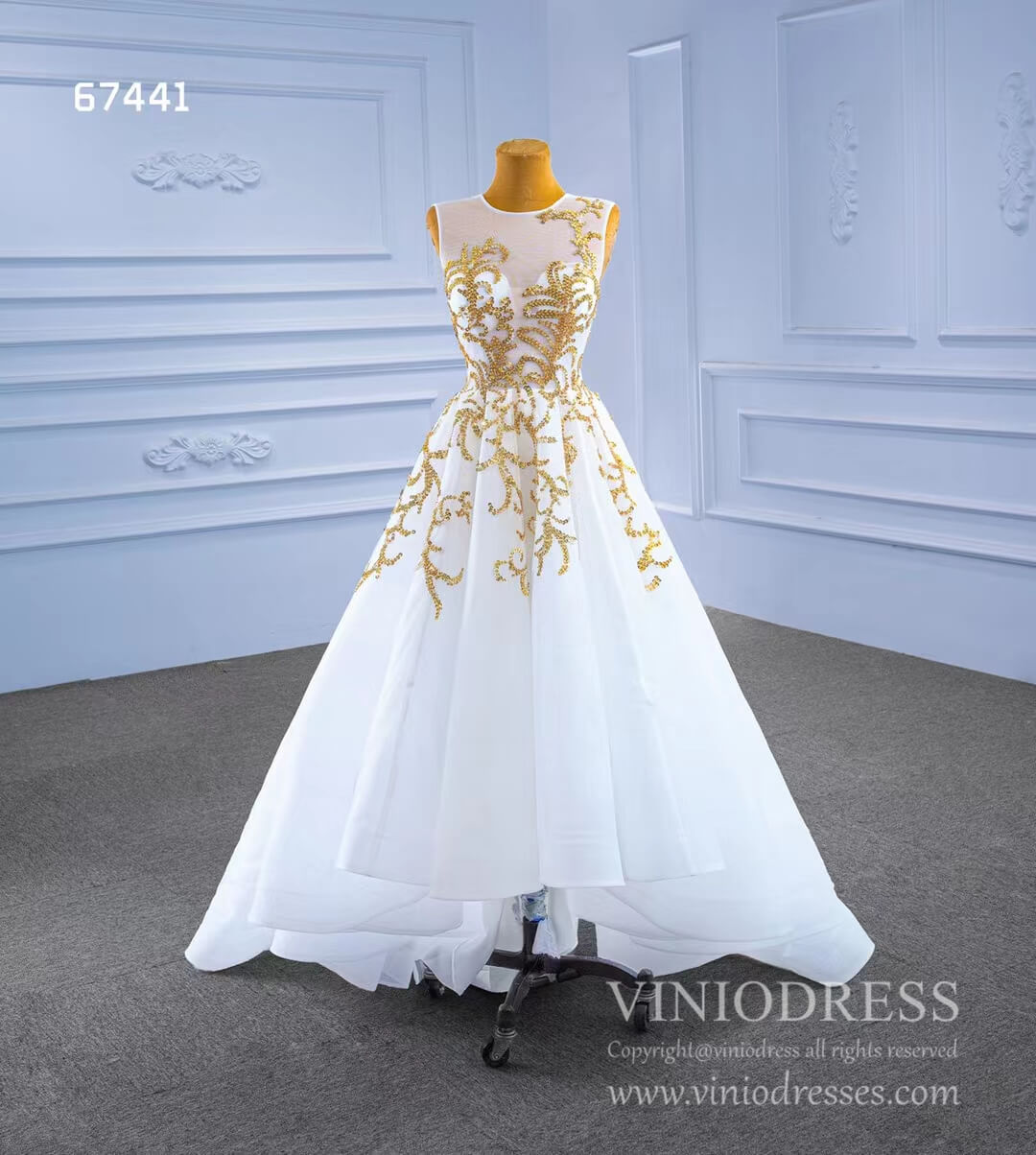 Prom Dress 2025 White High Low Prom Gown Gold Beaded Pageant Dress 67441-unique prom dresses-White-Custom Size-Viniodress