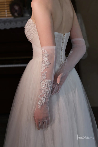 White Lace Appliqué Sheer Tulle Bridal Gloves – Long Embroidered Wedding Gloves for Women WG215-Bridal Gloves 2026-Viniodress-Ivory-