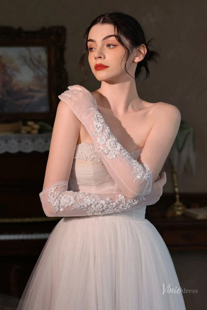 White Lace Appliqué Sheer Tulle Bridal Gloves – Long Embroidered Wedding Gloves for Women WG215-Bridal Gloves 2026-Viniodress-Ivory-