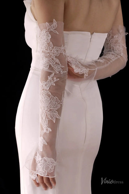White Lace Appliqué Sheer Tulle Bridal Gloves – Romantic Fingerless Wedding Gloves for Women WG224-Bridal Gloves 2026-Viniodress-Ivory-
